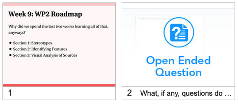 Two slides in a slide deck.  The first slide is an outline slide indicating what topics will be covered in the day's lecture.  The next slide is labelled Open Ended Question with a question mark.